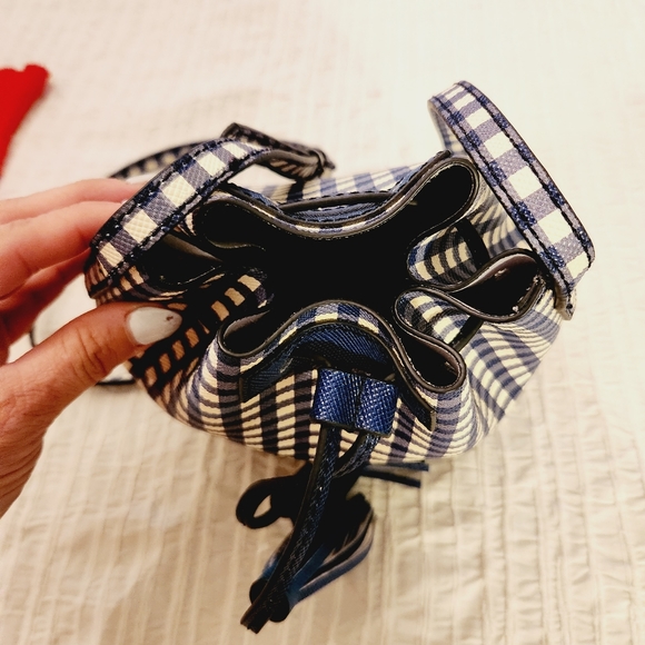 J Crew gingham blue bucket 100% leather shoulder crossbody bag - Picture 8 of 14